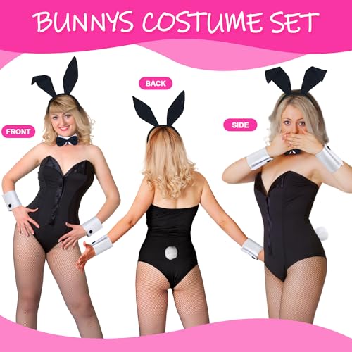 Scotamalone Bunnys Costume Accessories Set for Women Halloweens Rabbitss Ear Headbands Collars Bowss Tiess Cuffs Tailss for Easter Party