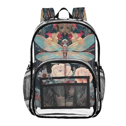 Dragonfly Flower Clear Backpack Heavy Duty See Through Transparent PVC BookBag for Kids Boy Girl School Work
