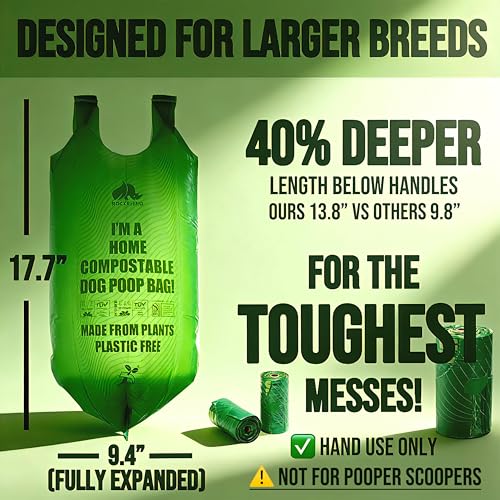 Image of Ultra Thick & Deep RockRhino Dog Poop Bags for Large & XL Breeds | 4-Layer Interlocked Bottom | 100% Home Compostable, 0% Plastic | Vanilla-Scented | 60 Bags, Easy Open Tie Handles, Not for Scooper