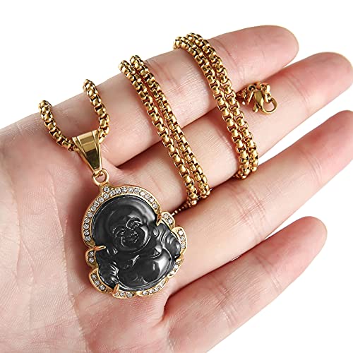 P.BLAKE Laughing Buddha Buddah Necklaces For Women Men, Ice Out Buddha Pendant For Men Women with Stainless Steel Gold Chain 24 inches