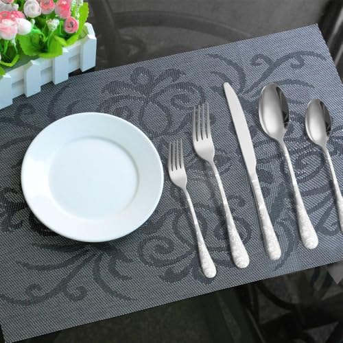 Image of aDai Sterling Silver Silverware Set | Satin Finish 20-Piece Flatware Set with Unique Floral Printed Handle | Dishwasher Safe Stainless Steel Cutlery for Home, Restaurant & Gifting