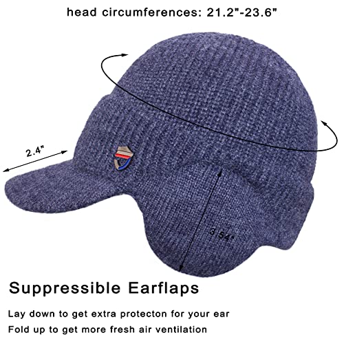 Muryobao Mens Winter Visor Beanie Hat Scarf Set Warm Knit Earflaps Hat Thick Fleece Lined Winter Cap With Neck Warmer For Outdoor Sports Denim Blue #TOP2