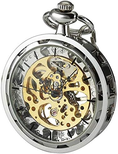 VIGOROSO Mens Classic Steampunk Pocket Watch Gold Skeleton Hand Wind Mechanical Watches in Box