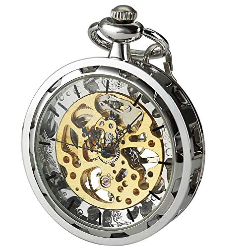 VIGOROSO Mens Classic Steampunk Pocket Watch with Chain Skeleton Hand Wind Mechanical Pocket Watches for Men & Women