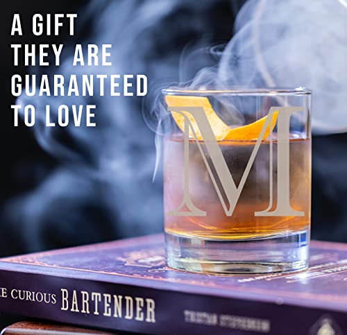 Etched Monogram 11Oz Whiskey Rocks Glass (Letter M), A-Z Customized Bourbon Gifts For Men, Personalized Old Fashioned Scotch Glass, Custom Engraved Gifts For Him, Initial, Name, Regalos Personalizados #TOP1