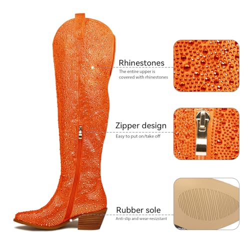 RKQ Women's Rhinestone Sparkly Cowboy Boots Western Glitter Pointed Toe Block mid Heel Over-the-Knee Cowgirl Boots3