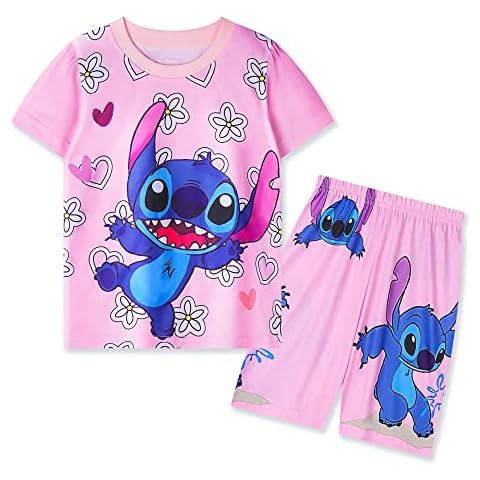 Aepotumn Stitch Girls Short Pyjamas Kids 2 Piece short Sleeve Pjs Sleepwear Top and Shorts Set Outfit for 7-16 Years Pink Cover