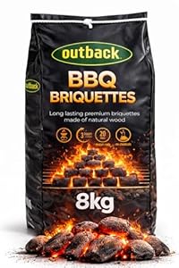 OUTBACK Briquettes 8kg Bag Premium BBQ Charcoal Briquettes, Hotter Longer Burning Constant High Temperature Barbecue Charcoal Coal Perfect for Outdoor Grills (1x 8kg Bag)