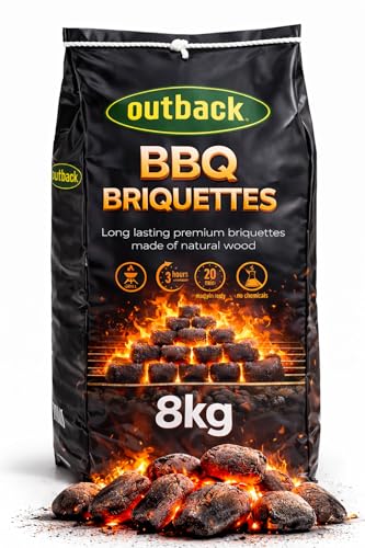 OUTBACK Briquettes 8kg Bag Premium BBQ Charcoal Briquettes Hotter Longer Burning Constant High Temperature Barbecue Charcoal Coal Perfect for Outdoor Grills (1x 8kg Bag)