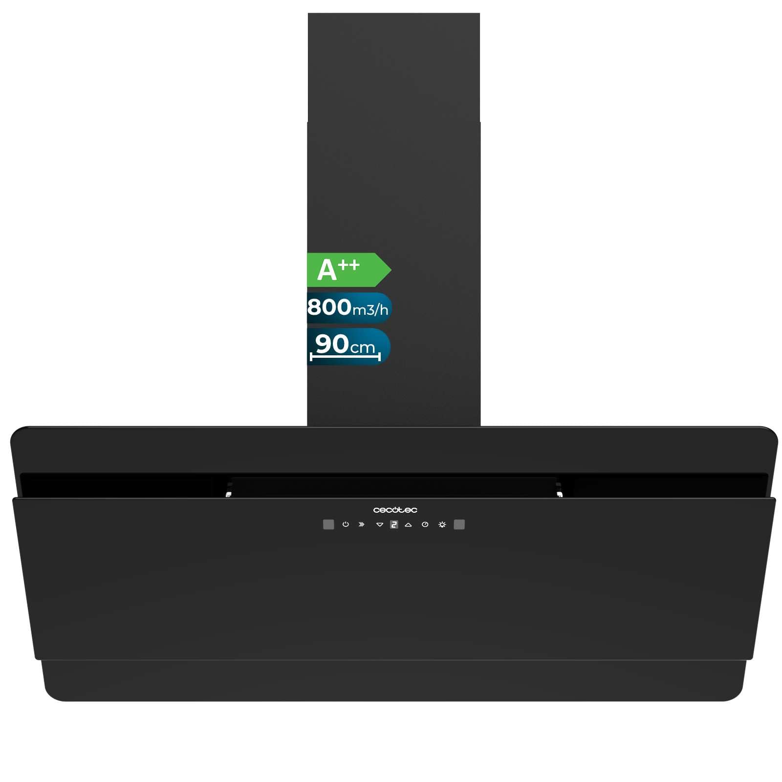 Cecotec Hotte aspirante Bolero Flux DT 908000 Glass Black A++ 90 cm, façade en verre noir, 800m3/h, 210W, A++, éclairage LED, contrôle tactile, 3 niveaux + Booster, filtre charbon.