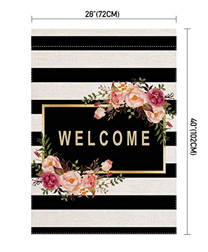 Pingpi PINP-GDFG-A786 Personalized House Flag Large Double Sided Welcome Flower,Welcome Friends,Farmhouse Decor,Yard Decor,Outdoor Decor,Black And White Stripes Garden Flag 28 X 40 Inch thumb #1