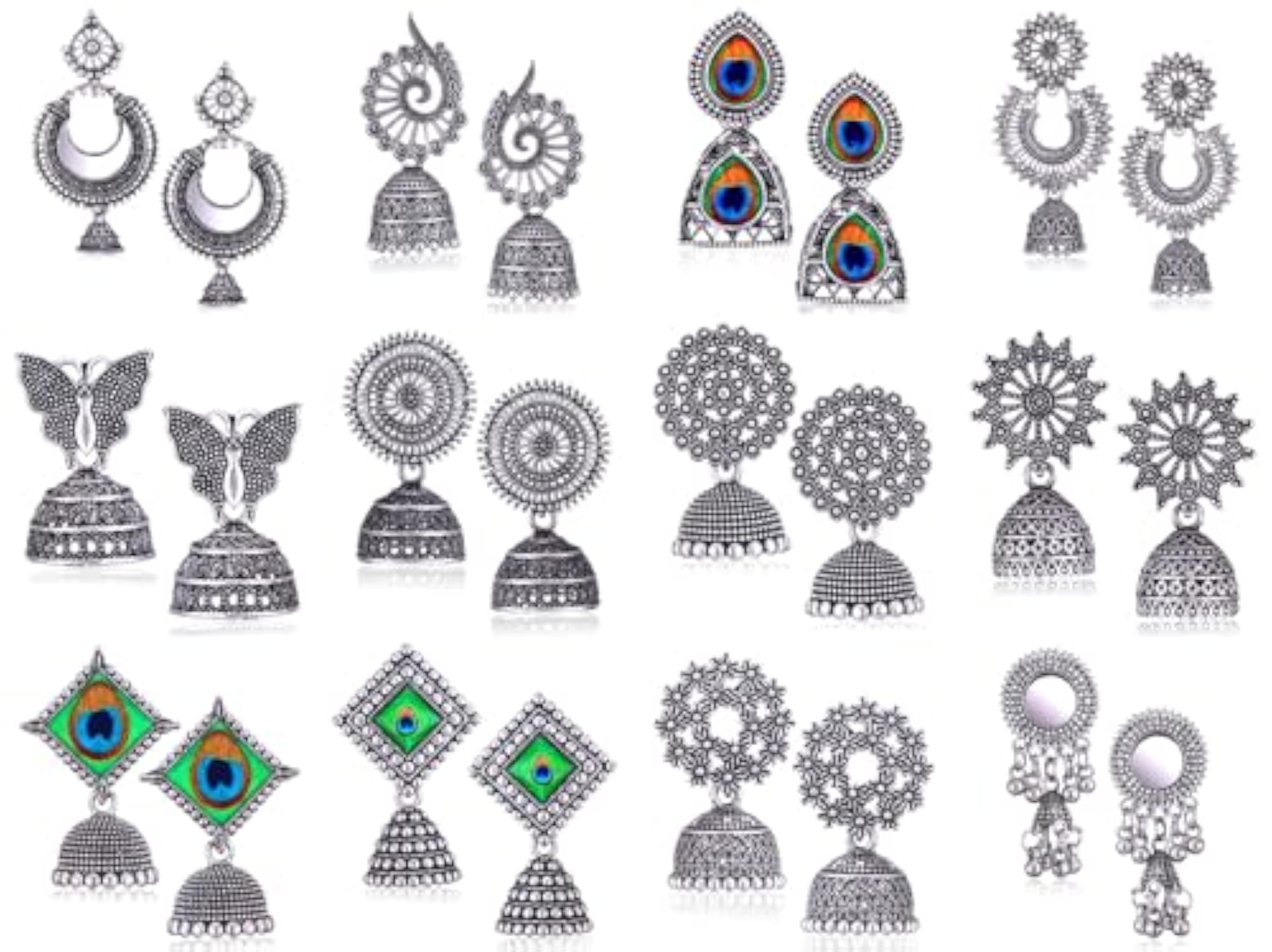 Fashion Oxidised Silver Jhumka Earrings for Women, Combo Set