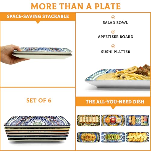 Satolceramic 10 Inch Rectangular Ceramic Plates Set of 6 - Bohemian Floral Design in 6 Vibrant Colors, Oven & Microwave Safe Porcelain Appetizer, Salad & Dessert Plates