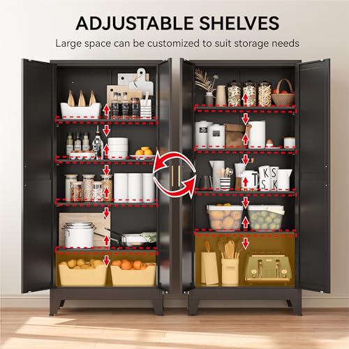 Image of COFaR 71 inch Modern Pantry Cabinet in Black, 5-Tier Storage Cabinet with Adjustable Shelves, Industrial Steel Cupboard for Kitchen, Office & Living Room Organization