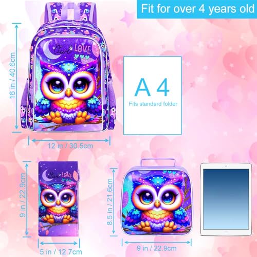 Image of CCJPX 3PCS Kids Backpack for Girls, 16 inchOwl Bookbag with Lunch Box, Cute Water Resistant Elementary School Bag for Kindergarten Preschool Toddler