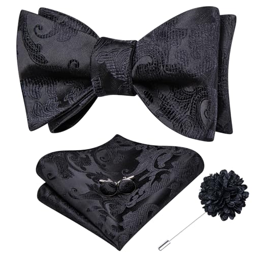 Image of Dubulle Self Tie Bow Ties and Lapel Pin for Men Paisley Solid Mens Bowtie and Handkerchief Cufflinks Set Wedding