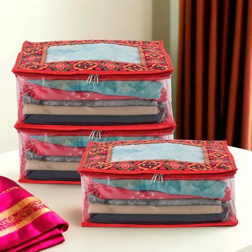 Image of Heart Home Pack of 3 Saree Storage Bag | 6 Inch | Wardrobe for Lehenga-Suit | Garment Clothing Cover| Lightweight-Portable Clothes |Chaudi Lace Printed | Red