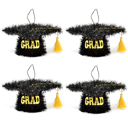 Graduation Tinsel Cap Table Toppers Party Supplies Decoration Set of 4 Hanging Gold & Black Grad Hat with Tassel Centerpiece for Congratulations Graduate School Classroom College Ceiling & Desk Decor