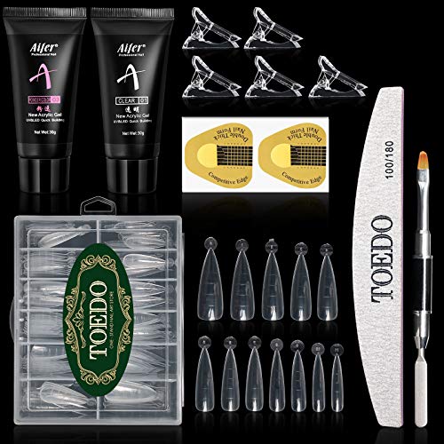 TOEDO Nail Extension Tool, 120PCS Stiletto Dual Nail Mold Forms with Brush, Nail Tips Clip & 2Pcs 30ml Quick Building Clear & Pink Poly Nail Gel for Salon Nail Easy DIY at Home