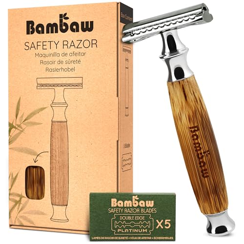 Bambaw Rasoio di Sicurezza con 5 Lamette Donna e Uomo, Ideale per Tutti i Tipi di Pelle, Rasoio Lama Singola Sicuro e Facile da Usare, Riutilizzabile e Senza Plastica (Classico Argento Bambù)
