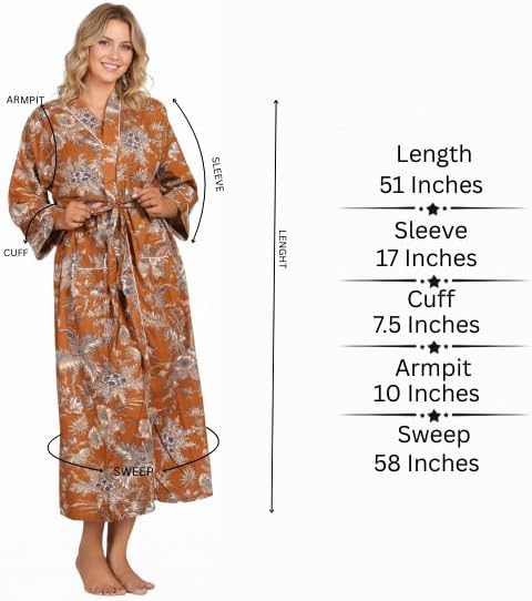 COTSILER Cotton Block Print Kimono Robe for Women Long Bathrobe with Belt & Pockets For Summer Lightweight Nightwear,Cover-Up - Image 5