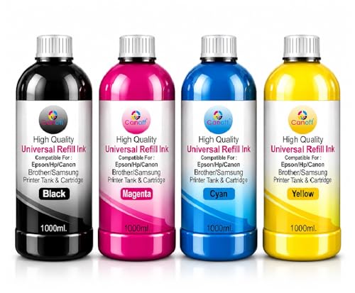 Image of CANOFF Compatible Refill for 001, 003, 008, 005, T664 (UV) Multicolor Ink (and Other Models that Support Epsson Ink Tank Systems) (1000ml) (Epsson Printer Refill Ink, CMYK)