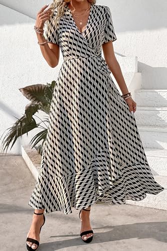 Image of PRETTYGARDEN Women's Summer Wrap Maxi Dress Casual Boho Floral V Neck Short Sleeve Ruffle Hem Split Beach Long Dresses