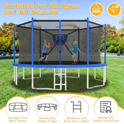 2025 Upgrade 1500LBS Outdoor Tranpoline for Kids and Adults 【Easy to Install & Built to Last】 10FT 12FT 14FT 16FT Recreational Tranpolines with Net, Basketball Hoop and Ladder, ASTM Approved
