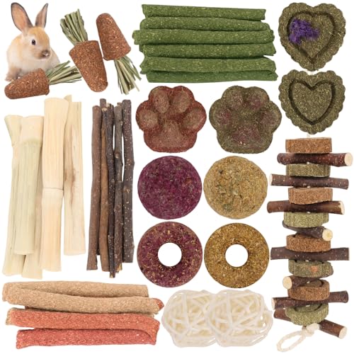 Pethee 45 Stück Kaninchen Spielzeug Set, NatüRliches Kauspielzeug für Kleintiere, Timothy-Heu-Sticks...