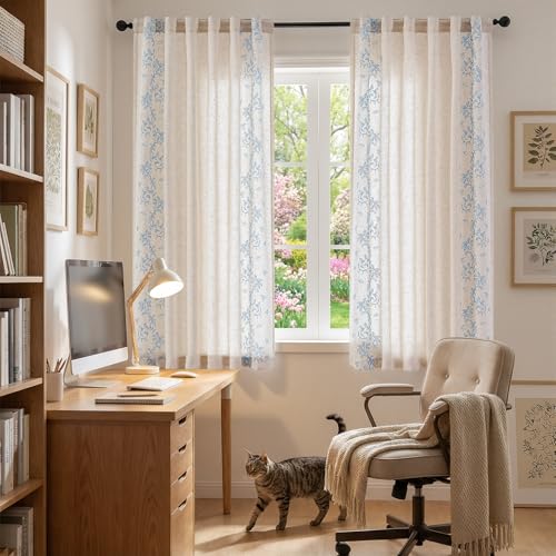 Image of jinchan Floral Linen Curtains, Back Tab 50x63 Inch, 2 Panels Blue