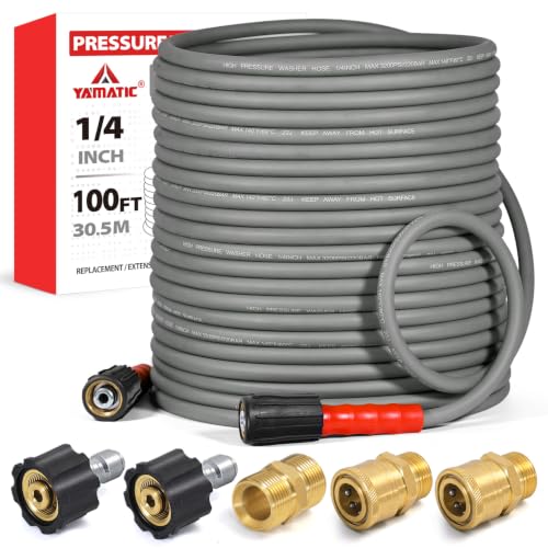 Image of YAMATIC Flexible Pressure Washer Hose 100 FT 1 /4 inch, M22-14mm Females | With 3 /8 inch Quick-Connect Adapters, 3200 PSI Kink-Resistant, Replacement /Extension Hose For Power Washing, Grey