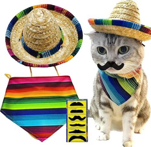 Mexican Pet Costume Set with Sombrero Hat Colorful Striped Bandana Scarf and Mustache for Cats and Dogs