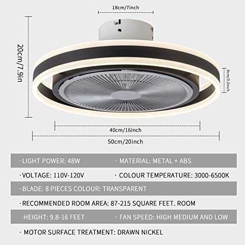 Home Ceiling Fan With Light, 20 Inches Led Remote Control Fully Dimmable Lighting Modes Invisible Acrylic Blades Metal Shell Semi Flush Mount Low Profile Fan With 8 Blades Smart Ceiling Light,Black #TOP7