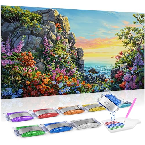 Kit de punto de cruz de diamante flores junto al mar Jumpdot, mosaico 5D para salón, 70x40 cm