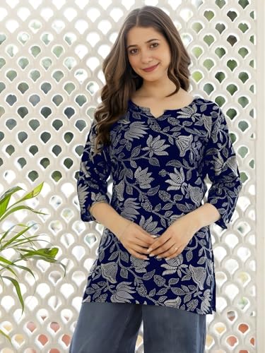 Image of Women's Cotton Printed Short Kurti, Round Neck, Three Quarter Sleeve, Straight Fit, Pack of 2