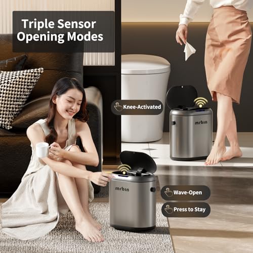 Image of MRBIN Automatic Adsorption Metal Trash Can for Bathroom, Touchless Garbage Bin with Lid, 3.2 Gallon Slim Trash Can for Office and Bedroom, Electric Motion Sensor Waste Basket, Eclipse Grey