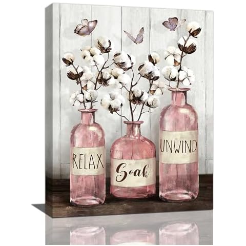 remzoke Bathroom Wall Art Farmhouse Bathroom Decor Rustic Bathroom Pictures for Wall Cotton Pink Jar Canvas Prints Relax Soak Unwind Signs Painting Modern Artwork Home Decoration for Bathroom 16"x20" Cover