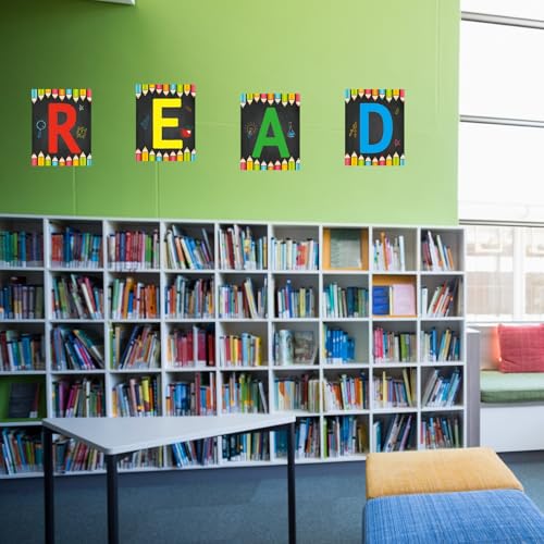 Image of COCHIE Reading Posters for Classroom Decorations, Library Reading Corner Decor, Read Signs Poster Bulletin Board Set of 4, Pre-k Preschool Kindergarten Classroom Wall Decoration (Pencil)