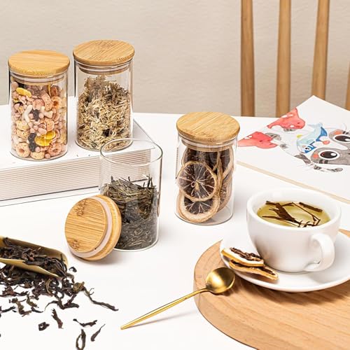 Image of 350ML Glass Food Storage Jars Containers, Set of 6 Storage Jar with Airtight Bamboo Lids Kitchen Glass Canisters For Coffee, Flour, Sugar, Candy, Cookie, Spice (Round 350 ML, Set of 6)