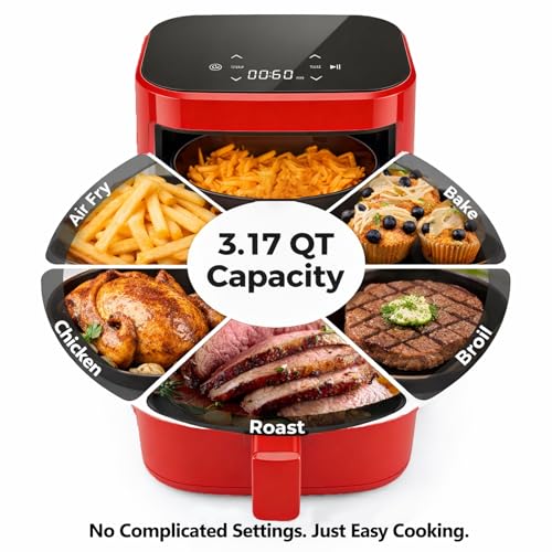Image of Simple Deluxe 8-in-1 Air Fryer 3 Qt, Digital Preset Airfryer with Overheat Protection and Auto Shut-Off, Nonstick and Dishwasher-Safe Basket for Fries, Bake, Roast, 60-Min Timer, Max 400F, 800W, Red