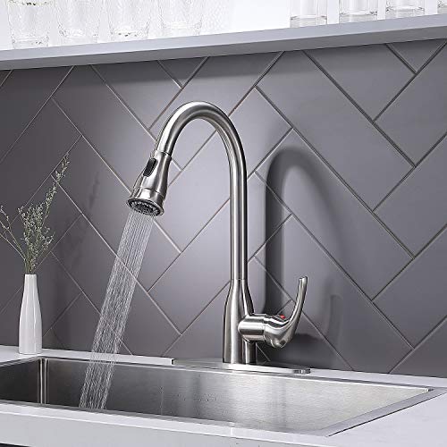 Hotis Commercial Pull Out Single Handle Stainless Steel Pull Down Sprayer Kitchen Sink Faucet, Brushed Nickel Kitchen Faucet with Plate