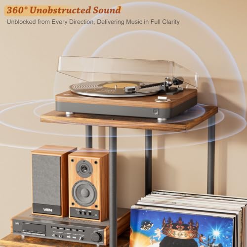 Image of Record Player Stand, Vinyl Record Storage Holder with Display Shelf, Turntable Stand Table with Vinyl Organizer Dividers Album Rack, Vintage Style Record Cabinet Wood, Mid Century Modern Tall Console
