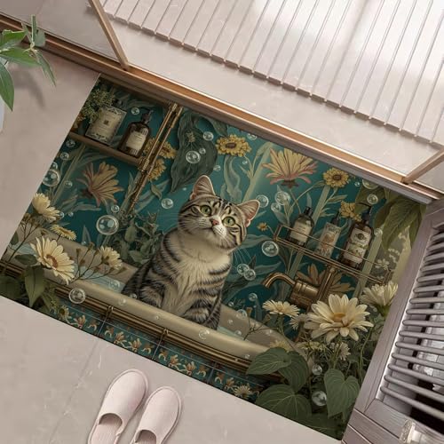 Tapis d'entrée chat baignoire 45x75 cm lavable et antidérapant rétro - 2
