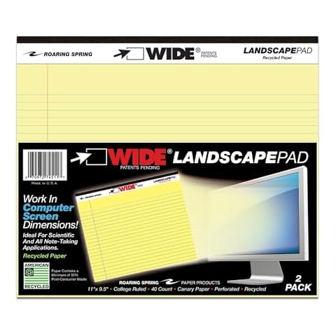 Roaring Spring Wide Recycled Landscape Legal Pads, College Rule, 11" x 9.5", 40 Sheets, Canary, 2 Pack, Made in USA Cover