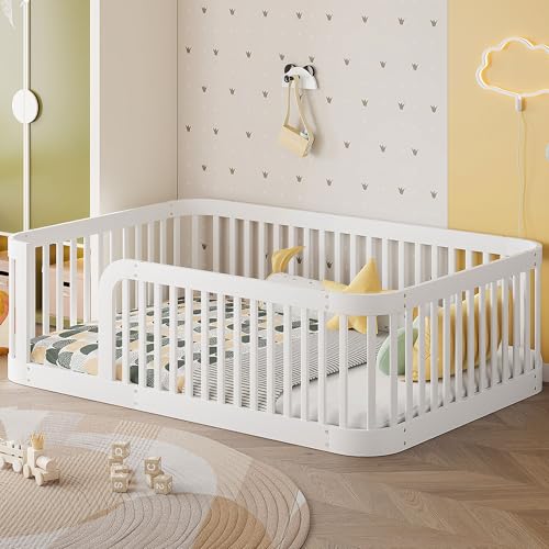 Image of Bellemave Full Size Floor Bed Montessori Floor Beds with Fence Railings for Kids Full Floor Bed Frame for Boys, Girls, No Box Spring Needed & Rounded Corner Design, White