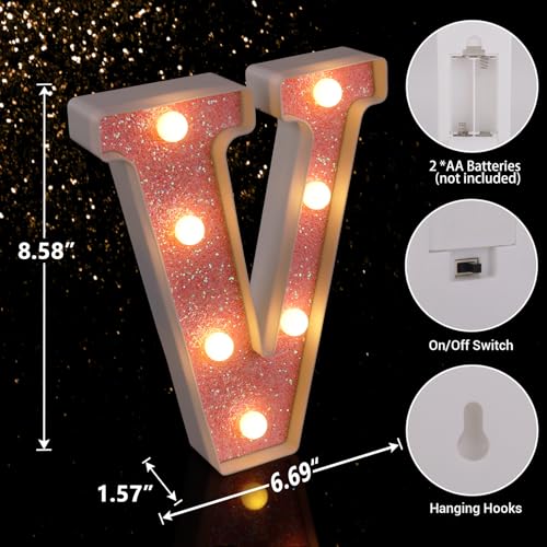 Image of LED Letter Lights - Pink Glitter Marquee Letters Light Up Alphabet Signs - Battery Powered Home Party Decoration Night Bar Wedding Birthday Christmas Lamp Girls Gift - V