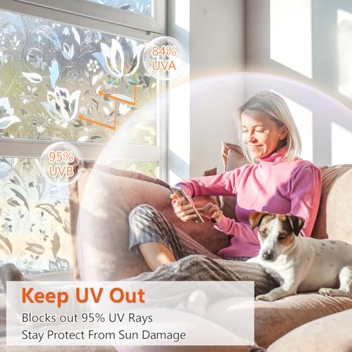 Zindoo Privacy Window Film 3D Window Sticker Static Non-Adhesive Window Covering Film Stained Glass Window Film Flowers Door Film Decorative 90cm x 200cm - Image 3