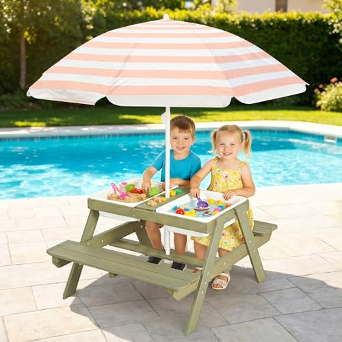 Garvee 4-in-1 Kids Sand & Water Table with Removable Weatherproof Umbrella - Wooden Outdoor Picnic Table with 2 Covered Bins for Toddlers - Sensory Table for Boys & Girls