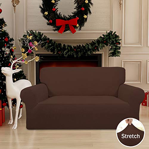 Image of Easy-Going Stretch Loveseat Slipcover 1-Piece Sofa Cover Furniture Protector Couch Soft with Elastic Bottom for Kids Polyester Spandex Jacquard Fabric Small Checks (Loveseat, Coffee)
