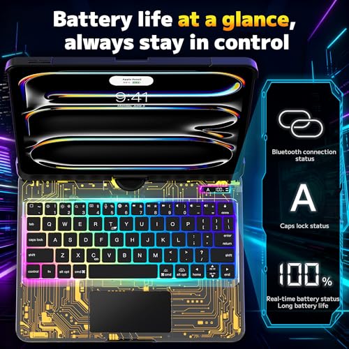 Image of Clear Keyboard Case for iPad 10.2 inch 9th /8th /7th (2021 /2020 /2019) 360 Swivel Multi-Touch Trackpad,with Wireless Bluetooth 3-Brightness &7-Color Backlit, Pencil Holder Black